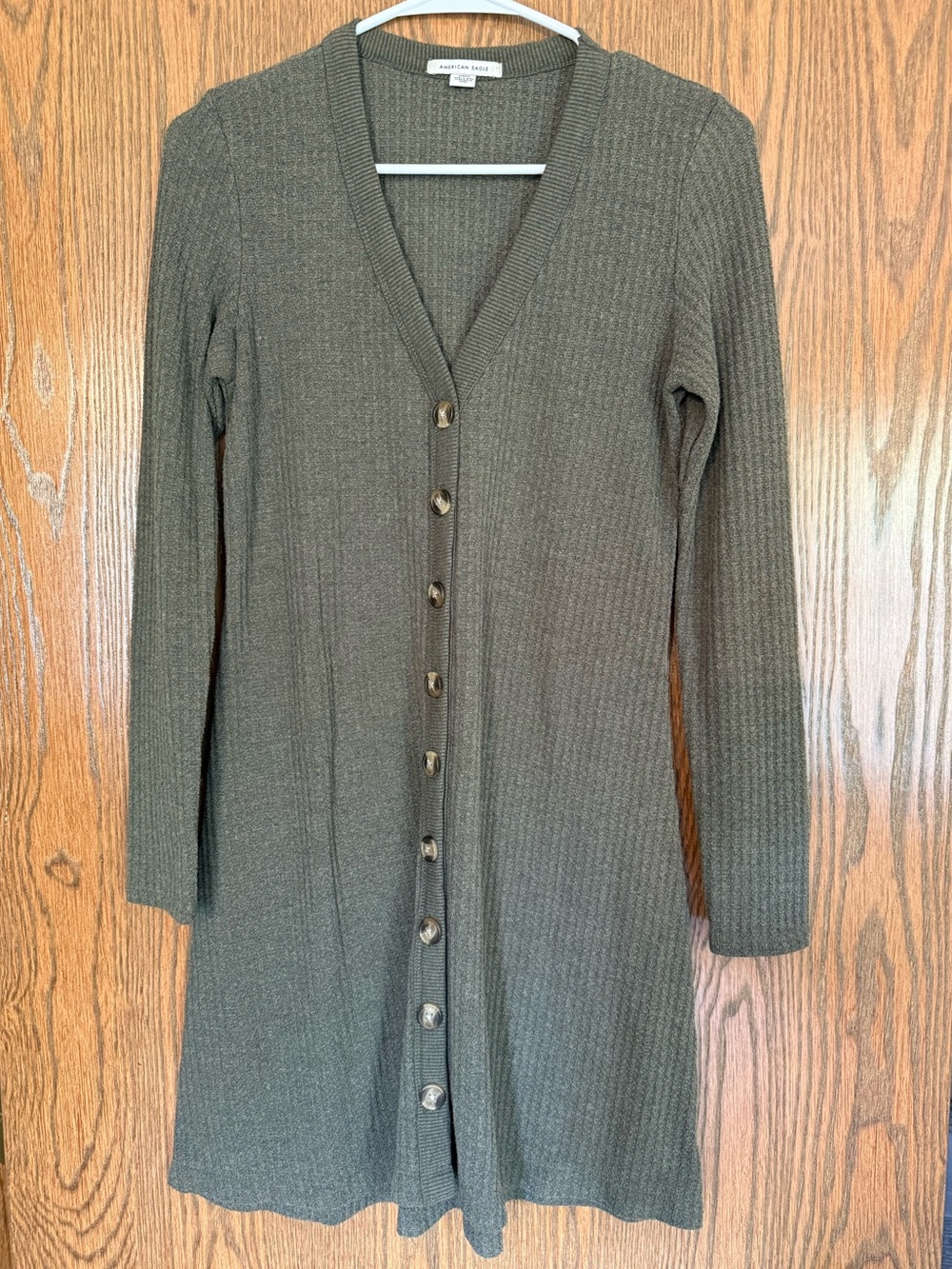 American Eagle Outfitters Olive Ribbed Button-Front Knit Dress